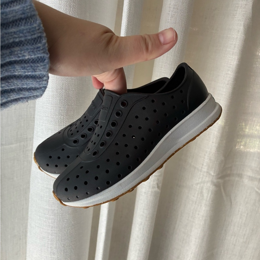 Native Kids Shoes Jefferson Slip-On in Black and White with Gum Sole